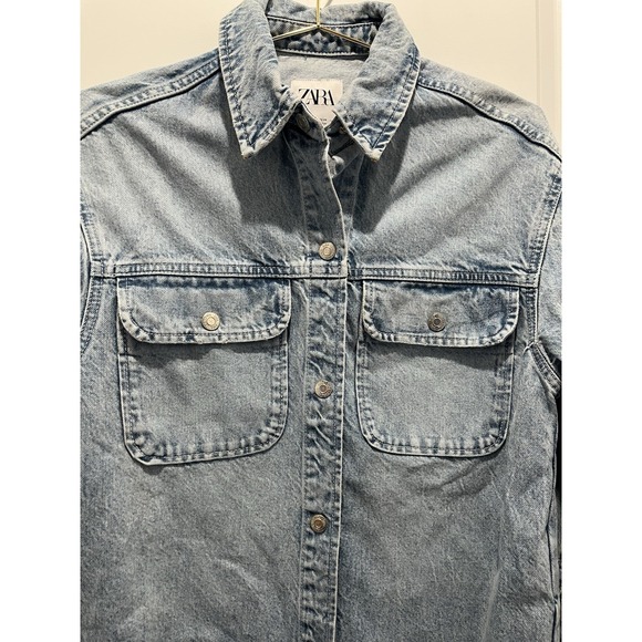 Zara Carpenter Denim Button Down Shirt with Snap Buttons XS - Picture 2 of 7